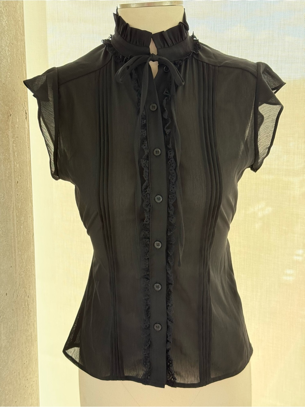 Black Ruffled Tie-Neck Cap Sleeve Sheere Blouse